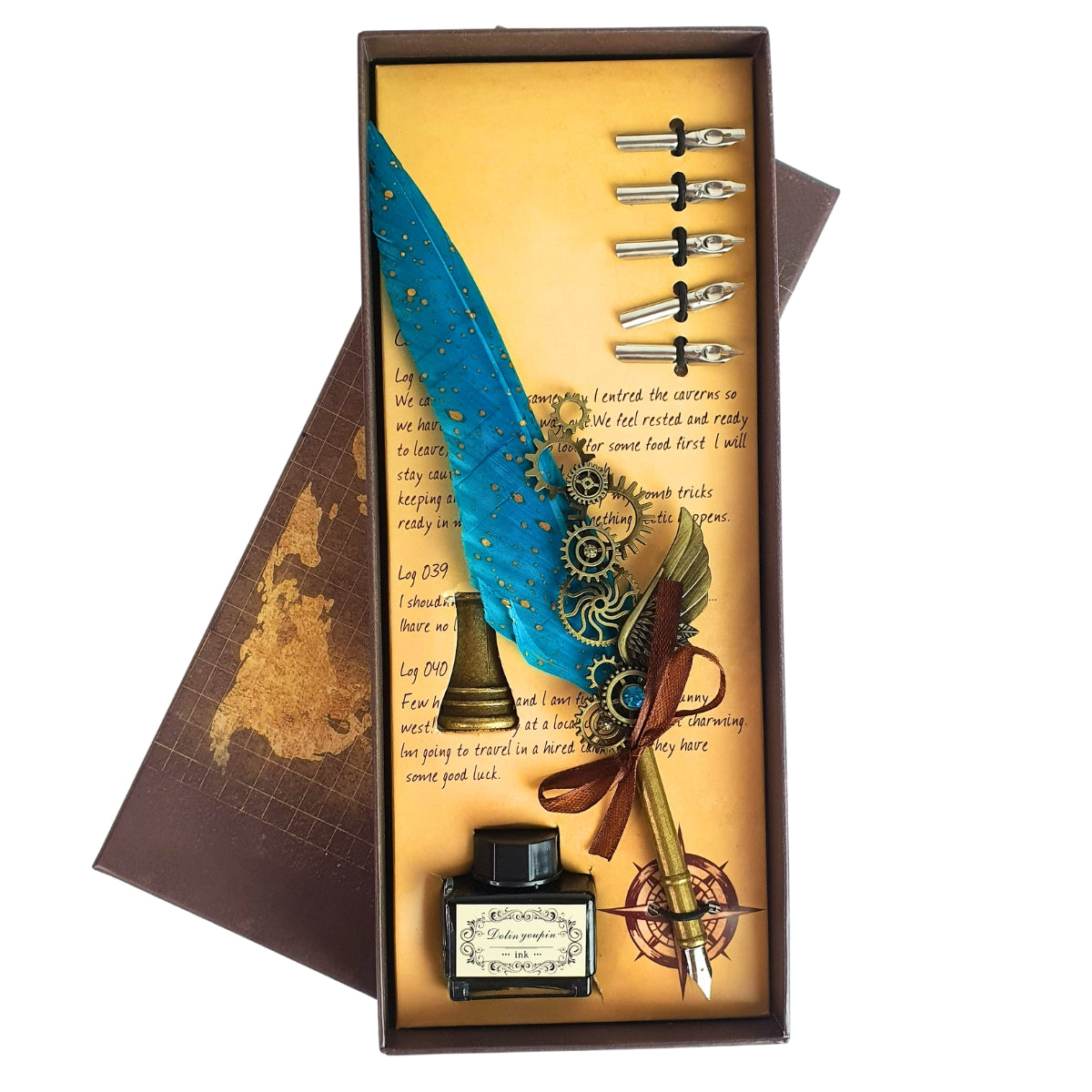Kit Caneta Tinteiro de Pena Branca com Engrenagens e Carimbo Kit Caneta Tinteiro de Pena Branca com Engrenagens e Carimbo